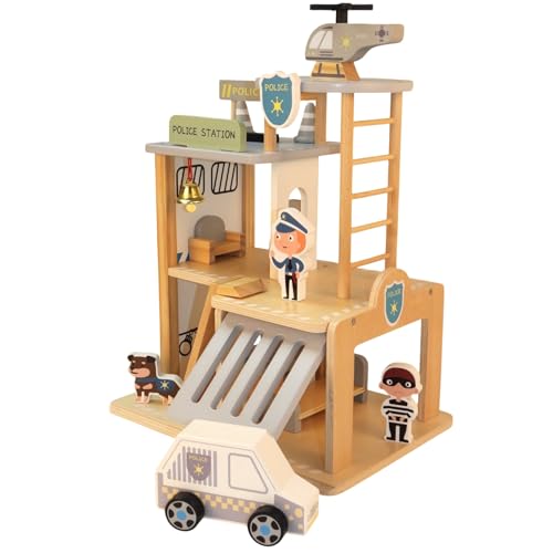 Hölzernes Polizeistation-Spielset, Polizeiwache, Mehrfarbig, 3-stufiges Puppenhaus-Set mit Figuren, Auto, Hubschrauber und Zubehör, Vorschule, Lernspielzeug Hölzernes Polizeistation-Spielset, Polizeiwache, Mehrfarbig, 3-stufiges Puppenhaus-Set mit Figuren, Auto, Hubschrauber und Zubehör, Vorschule, Lernspielzeug von TikTakToo