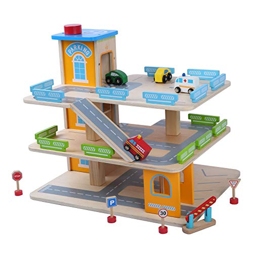 Parkgarage aus Holz Parktower Spielzeug Kinder Autogarage Parkhaus Garage incl. 4 Spielzeugautos von TikTakToo