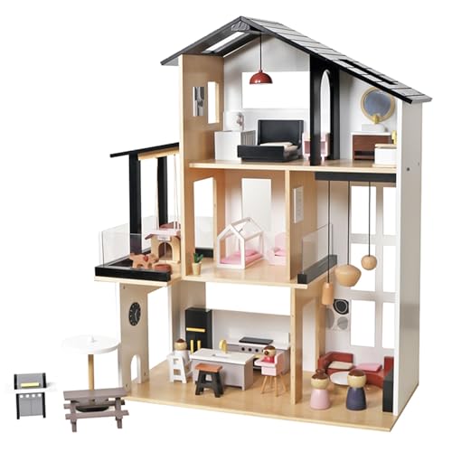Puppenhaus aus Holz, Moderne Stadtvilla mit 49 TLG. Möbelset, offene Front mit 3 bespielbaren Etagen und Außenbereich Puppenhaus aus Holz, Moderne Stadtvilla mit 49 TLG. Möbelset, offene Front mit 3 bespielbaren Etagen und Außenbereich von TikTakToo