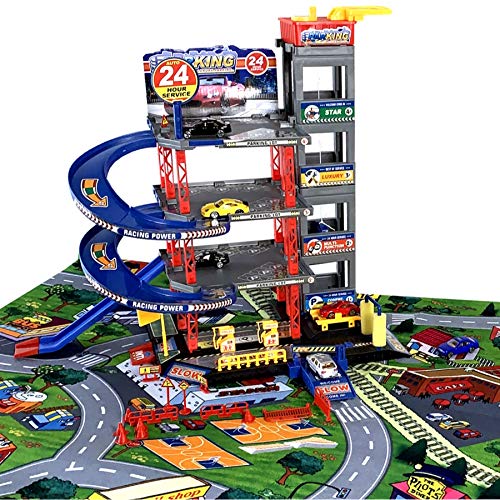 TikTakToo Parkgarage Spielset mit Autos und viel Zubehör für Kinder Spielzeugautos teilweise mit Hubschrauber mit Tankstelle, Fahrstuhl, Waschstraße und Werkstatt (Parkhaus mit Spielteppich) von TikTakToo