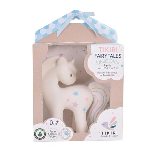 Tikiri 8595603 - Kautschuk Babyrassel, Einhorn Zuckerwatte mit Knister-Schweif, Naturkautschuk, Rassel für Babys und Kleinkinder ab 0+ Monaten von Tikiri