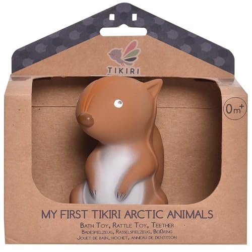 Tikiri 8594306 Naturkautschuk Rassel in Geschenkbox, Eichhörnchen, Badespielzeug, für Babys und Kinder ab 0+ Monaten, 10cm von Tikiri
