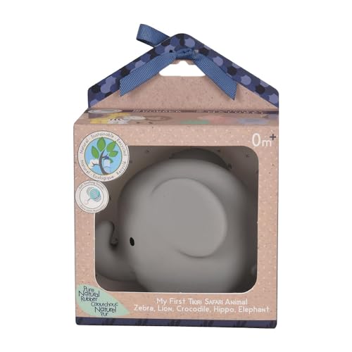 Tikiri 8596007 - Naturkautschuk Rassel in Geschenkbox, Elefant, Badespielzeug, für Babys und Kinder ab 0+ Monaten von Tikiri