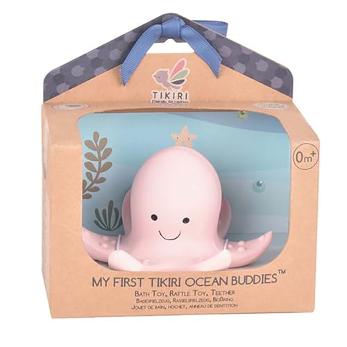 Tikiri 8597511 Naturkautschuk Rassel in Geschenkbox, Oktopus, Badespielzeug, für Babys und Kinder ab 0+ Monaten von Tikiri