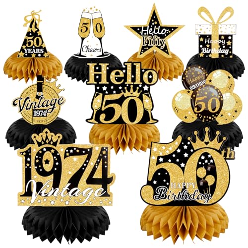 50 Geburtstag Mann, 9 Stück, Schwarze Goldene Deko, 50. Geburtstag Mann, Tischdeko Geburtstag, Bienenwabe Mittelstück, Tischdeko Papier Geburtstagsparty Zubehör, 1974 Geburtstag Deko für Männer von Tikplus