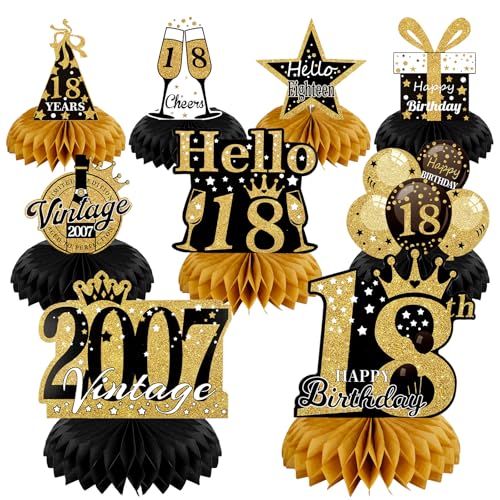 18 Geburtstag Mann Deko, 9 Stück, 18er Geburtstag Deko Schwarz Gold, 2007 Tischdeko 18 Geburtstag Mann, Bienenwabe Mittelstück, Tischdeko Papier Geburtstagsparty Zubehör von Tikplus