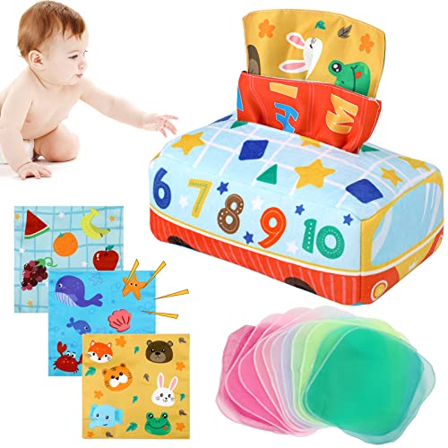 Interaktive Tücherbox Baby Spielzeug,Montessori Spielzeug Baby, Tierbus Sensorik Spielzeug, Babyspielzeug für Baby Mädchen Junge ab 6 7 8 9 10 Monate (mit Crinkle Tuch und Farbiges Tuch) von Tikplus