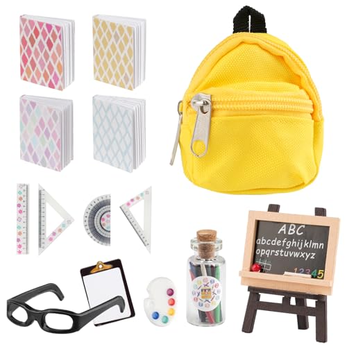 Puppenhaus Zubehör Schule, 14 Stück Miniatur Wichtel Zubehör, Wichtelpuppe Schulbedarf, Mini Wichtelhaus Deko, Schulzubehör Set mit Notizbuch Buchrucksack Kreidetafel Stift Lineal (Lernpaket) von Tikplus