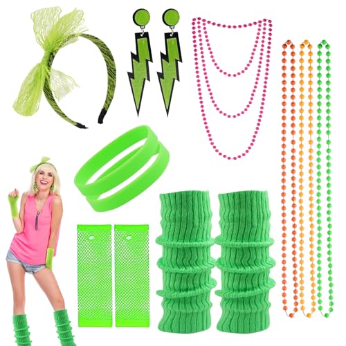 Tikplus 80er-Jahre-Kostüm für Damen, 13-teiliges 80er-Jahre-Kostüm für Damen, mit Halskette, Fischnetzhandschuhen, Beinstulpen, Ohrringen, Schleife, Stirnband, Regenbogen-Kostüme für Retro-Outfit von Tikplus