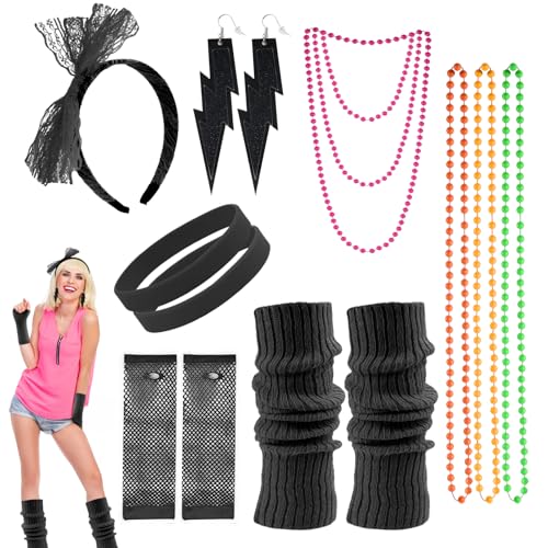 Tikplus 80er-Jahre-Kostüm für Damen, 13-teiliges 80er-Jahre-Kostüm für Damen, mit Halskette, Fischnetzhandschuhen, Beinstulpen, Ohrringen, Schleife, Stirnband, Regenbogen-Kostüme für Retro-Outfit von Tikplus