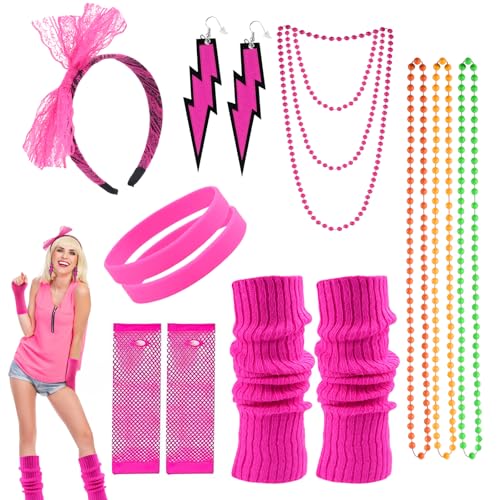 Tikplus 80er-Jahre-Kostüm für Damen, 13-teiliges 80er-Jahre-Kostüm für Damen, mit Halskette, Fischnetzhandschuhen, Beinstulpen, Ohrringen, Schleife, Stirnband, Regenbogen-Kostüme für Retro-Outfit von Tikplus