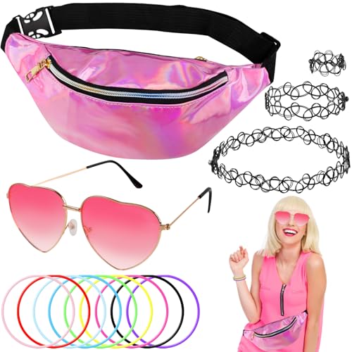 Tikplus 90er Jahre Outfit Damen, 90er Jahre Retro Outfit Accessoires mit Herz Sonnenbrille Rosa, Silber Bauchtasche, Halskette, Women Festival Hippie Accessoires für Neon Mottoparty Tikplus 90er Jahre Outfit Damen, 90er Jahre Retro Outfit Accessoires mit Herz Sonnenbrille Rosa, Silber Bauchtasche, Halskette, Women Festival Hippie Accessoires für Neon Mottoparty von Tikplus