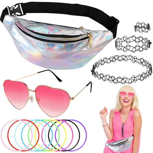 Tikplus 90s Outfit Damen, 90er Jahre Accessoires, 90er Jahre Retro Outfit mit Herz Sonnenbrille Rosa, Silber Bauchtasche, Halskette, Women Festival Hippie Accessoires für Neon Mottoparty von Tikplus