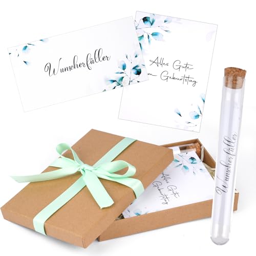 Tikplus Geldgeschenke Geburtstag, Wunscherfüller Geldgeschenk, Geldgeschenke Verpackung Alles Gute zum Geburtstag mit Geschenkbox GrußKarte Kunststoff Reagenzglas Raffia Gras Band von Tikplus