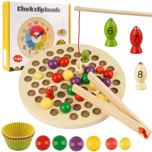 Tikplus Holz Montessori Sortierspiel, Clip Perlen Puzzle Brettspiele, Angelspiel und Sortier Stapelspielzeug ab 3 4 5 6 Jahre, Motorikspielzeug für Kinder Vorschule Geschenk, Mädchen,Junge von Tikplus