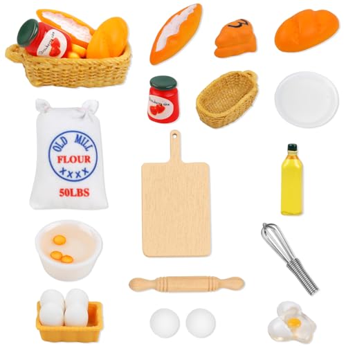 Tikplus Miniatur Wichtel Zubehör, 1/12 Puppenhaus Zubehör, Mini-Brot Mehlsack Schneebesen Eier Nudelholz Ölflasche, Küche Möbel Wichtel Zubehör Weihnachten Wichtelhaus Zubehör (Backset) von Tikplus