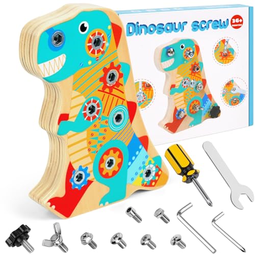 Tikplus Werkzeug Holz Montessori Spielzeug, Dinosaurier Motorikspielzeug Schraubendreher mit Aufbewahrungstasche, Motorikspielzeug Kinder Geschenk für Mädchen Junge ab 3 4 5 6 Jahre von Tikplus