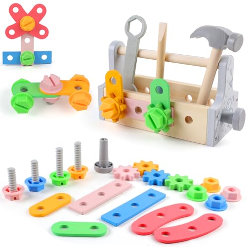 Tikplus Werkzeugkoffer Kinder ab 3 Jahre, Holzspielzeug Koffer Jungen, Holzwerkzeug Kinderspielzeug, Lernspiele Kinderwerkzeug Farbige, Werkzeugkasten Spielzeug Kinder 2 3 4 Jahre von Tikplus