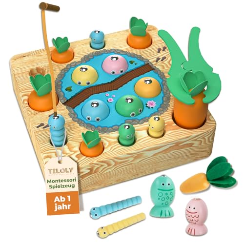 Tiloly Holzspielzeug ab 1 Jahr Spielzeug ab 1 Jahr für Jungen & Mädchen Montessori Motorikspielzeug 1–3 Jahre Karottenspiel & Angelspiel 2-in-1 Lernspiel für Kleinkinder von Tiloly