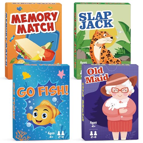 Timenued Kartenspiele Go Fisch, Old Maid, Slap Jack und Memory Match, 4 Decks in 1 Packung, klassische Kartenspiele für Kinder ab 4 Jahren, Familien-Party-Kartenspiele für Kinder und Erwachsene, von Timenued