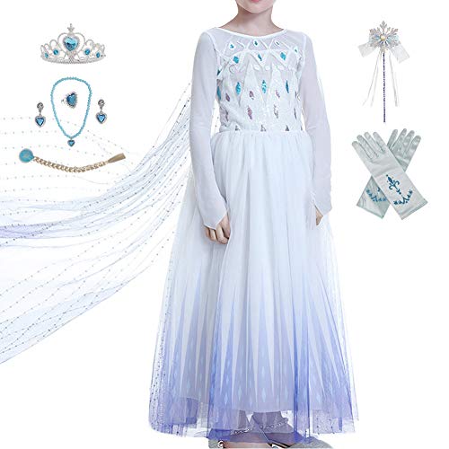 Timesun ELSA Mädchen Prinzessin Elsa Kleid Kostüm Karneval Cosplay Eisprinzessin Set aus Diadem, Handschuhe, Zauberstab, Perücke,Halskette,Ohrringe,Ringe,Handbag (Weiß, 120) von Timesun