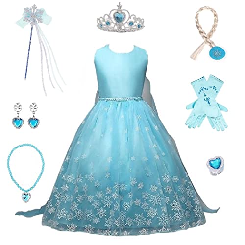 Timesun® Mädchen Prinzessin Schneeflocke Süßer Ausschnitt Kleid Kostüme mit Diadem, Handschuhen, Zauberstab und Zopf (Blaue Weste Elsa, 130（122-128）) von Timesun