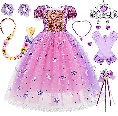 Timesun® Pailletten Puffärmel Prinzessin Rapunzel Kostüm Kleid für Mädchen Kinder Karneval Party Verkleidung Perücken Kronen Zepter Ketten Ringe Ohrringe Haarring (Lila Kleid mit Pailletten, 140) von Timesun