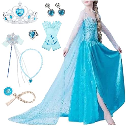 Timesun ELSA Mädchen Prinzessin Elsa Kleid Kostüm Karneval Cosplay Eisprinzessin Set aus Diadem, Handschuhe, Zauberstab, Perücke,Halskette,Ohrringe,Ringe,Handbag (Schneeflocken, 150) von Timesun