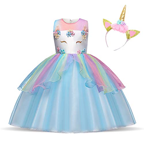 Timesun Kinder Einhorn Kostüm Kleid, Mädchen Einhorn Rock, Blumen Mädchen Ärmellos Partykleid, Geburtstagskleid Festkleid, Fasching Karneval Verkleidung mit Unicorn Outfit Set (Blau, 140) von Timesun