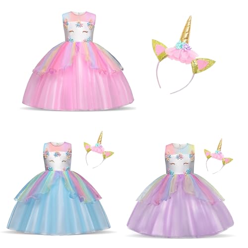 Timesun Kinder Einhorn Kostüm Kleid, Mädchen Einhorn Rock, Blumen Mädchen Ärmellos Partykleid, Geburtstagskleid Festkleid, Fasching Karneval Verkleidung mit Unicorn Outfit Set (Blau, 150) von Timesun