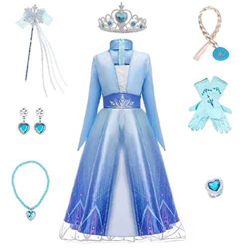 Timesun ELSA Mädchen Prinzessin Elsa Kleid Kostüm Karneval Cosplay Eisprinzessin Set aus Diadem, Handschuhe, Zauberstab, Perücke,Halskette,Ohrringe,Ringe,Handbag (Blau, 150) von Timesun