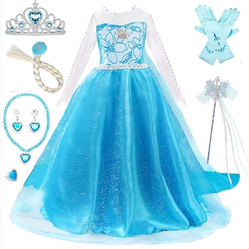 Timesun Kostüm Mädchen Prinzessin Karneval Cosplay Kleider Eisprinzessin Set aus Diadem, Handschuhe, Zauberstab, Perücke,Halskette,Ohrringe,Ringe（Blau und weiß,140） von Timesun