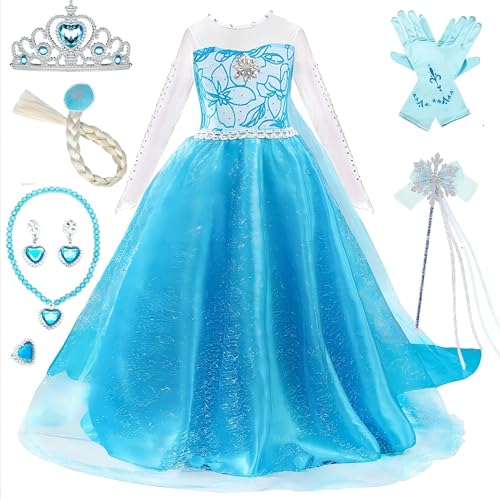 Timesun Kostüm Mädchen Prinzessin Karneval Cosplay Kleider Eisprinzessin Set aus Diadem, Handschuhe, Zauberstab, Perücke,Halskette,Ohrringe,Ringe（Blau und weiß,150） von Timesun