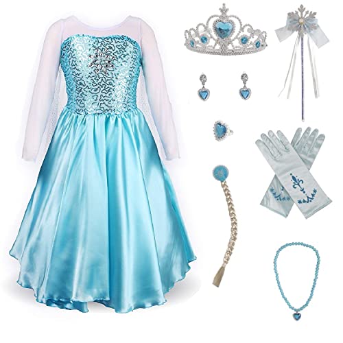 Timesun Kostüm Mädchen Prinzessin Karneval Cosplay Kleider Eisprinzessin Set aus Diadem, Handschuhe, Zauberstab, Perücke,Halskette,Ohrringe,Ringe (Blau, 140) von Timesun