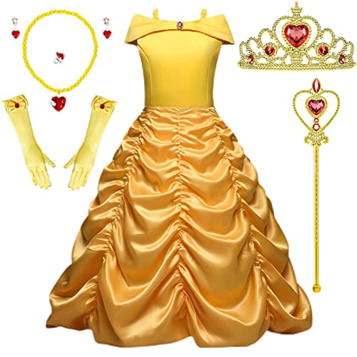 Timesun Puffärmel Angels Prinzessin Belle Kostüm Kleid für Mädchen Kinder Halloween Karneval Party Verkleidung Kronen Zepter Ketten Ringe Ohrringe Handschuhe (Gelb, 130) von Timesun