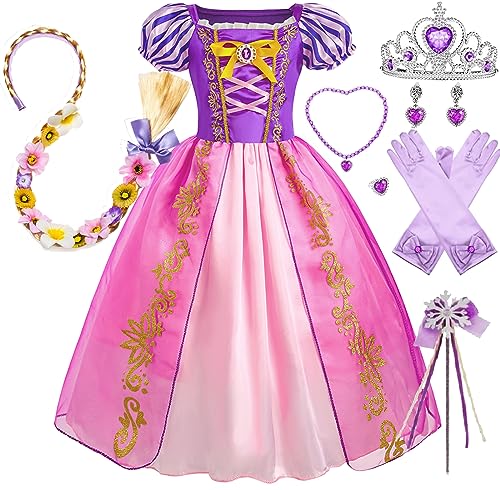 Timesun Puffärmel Angels Prinzessin Rapunzel Kostüm Kleid für Mädchen Kinder, Halloween Karneval Party Verkleidung Perücken, Kronen, Zepter, Ketten, Ringe, Ohrringe, Handschuhe (Lila, 100) von Timesun