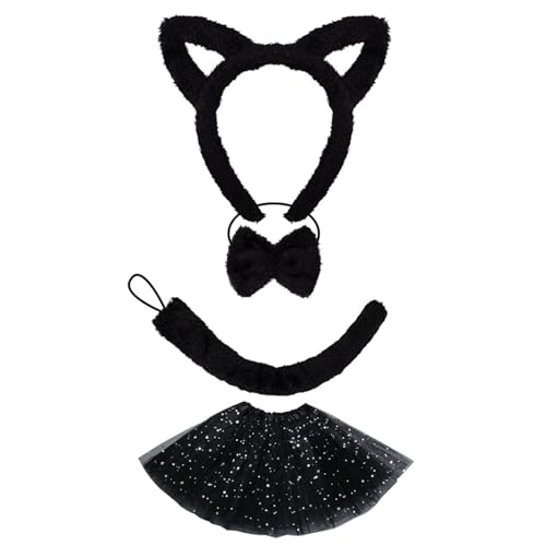 TingHaoO Katzenohren Stirnband Plüsch Schwanz Schleifen Krawatte Katzen Gesicht Aufkleber Lovely Katzen Kostüm Set für Geburtstag Halloween Cosplay Party von TingHaoO