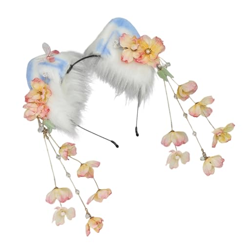 TingHaoO Verstellbares Plüsch-Ohr-Stirnband mit floralen Quasten für Cosplay, Anime-Partys, Damen, Mädchen, Halloween-Kostüm-Zubehör, Plüsch-Katzenohr-Haarreif von TingHaoO