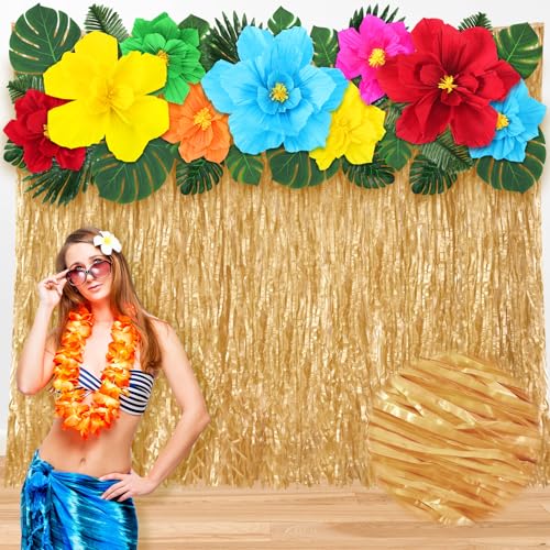 Tingjoo Hawaiianischer Party-Hintergrund mit Papierblumen-Dekorationsset, 1,8 x 1 m, Hawaii-Hintergrund, 3D-Hibiskus-Papierblume, Palmblätter, Hawaii-Party-Dekorationen, Luau-Party, Tingjoo Hawaiianischer Party-Hintergrund mit Papierblumen-Dekorationsset, 1,8 x 1 m, Hawaii-Hintergrund, 3D-Hibiskus-Papierblume, Palmblätter, Hawaii-Party-Dekorationen, Luau-Party, von Tingjoo