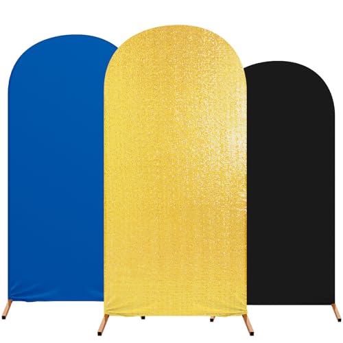 Tingjoo Themengeburtstagsparty-Dekoration, Set mit 3 Themen-Druckbögen, Spandex, passgenaue Hochzeitsbogen-Ständerabdeckungen für Geburtstagsparty, 1,2 m, 1,5 m, 1,8 m (Schwarz, Gold, Blau) von Tingjoo