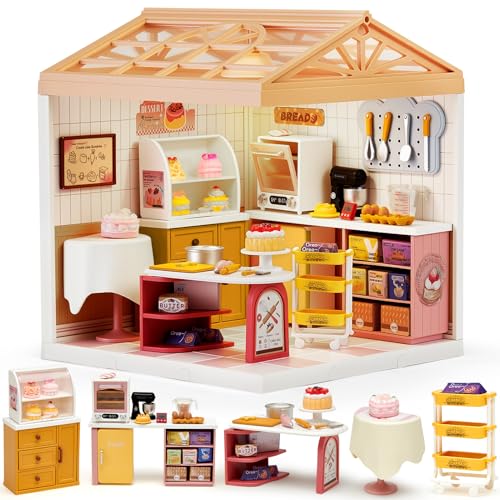 DIY Miniature House mit LED Licht, Miniatur Haus Selber Bauen mit Möbel und Werkzeug Modell Set Basteln Kindergeburtstag Bastelset Kinder Spielzeug Geschenke für Mädchen Frauen (Bäckerei) von TinkerPlay