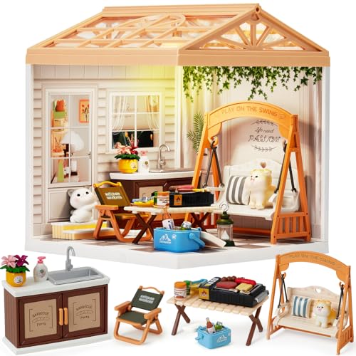 DIY Miniature House mit LED Licht, Miniatur Haus Selber Bauen mit Möbel und Werkzeug Modell Set Basteln Kindergeburtstag Bastelset Kinder Spielzeug Geschenke für Mädchen Frauen (Garten) von TinkerPlay