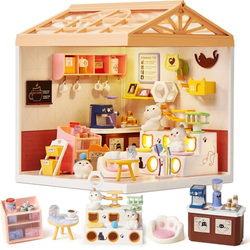 DIY Miniature House mit LED Licht, Miniatur Haus Selber Bauen mit Möbel und Werkzeug Modell Set Basteln Kindergeburtstag Bastelset Kinder Spielzeug Geschenke für Mädchen Frauen (Katzencafé) von TinkerPlay