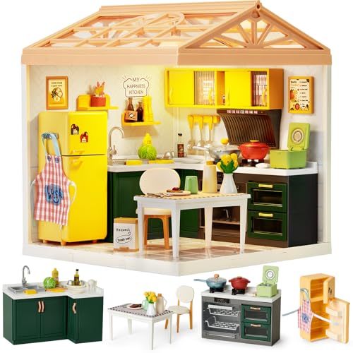 DIY Miniature House mit LED Licht, Miniatur Haus Selber Bauen mit Möbel und Werkzeug Modell Set Basteln Kindergeburtstag Bastelset Kinder Spielzeug Geschenke für Mädchen Frauen (Küche) von TinkerPlay