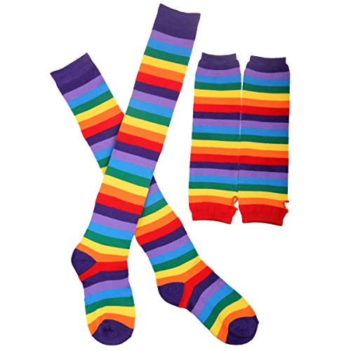 Tinksky Regenbogen-Streifen Arm-Wärmer Bein-Strumpf Bunte Oberschenkel Hohe Socken Fingerlose Handschuhe Hülsen-Set für Frauen Mädchen Karneval Party Stützen von Tinksky