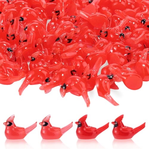 100stk Mini Kardinal Vogel Skulptur aus Kunstharz, Kleine Roter Kardinal Vogel Figuren Miniaturtiere Basteln für Puppenhaus Weihnachten Kuchen Dekoration (Einfarbig, Leuchtend) von Tinoaly