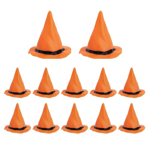 12stk Kunststoff Miniatur-Hexenhüte, Kleiner Zaubererhut-Dekor Halloween-Puppenhaus-Miniaturen für Geisterhaus-Dekoration DIY-Bastelarbeiten Kuchen-Deko Halloween-Party-Zubehör (Orange) von Tinoaly