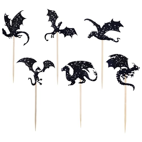 24 Stück Glitzernde Cupcake Topper mit Drachenmotiv, Fantasy Kuchenspieße für Kindergeburtstage Babypartys und Dinosaurier Dekorationen (Schwarz) von Tinoaly