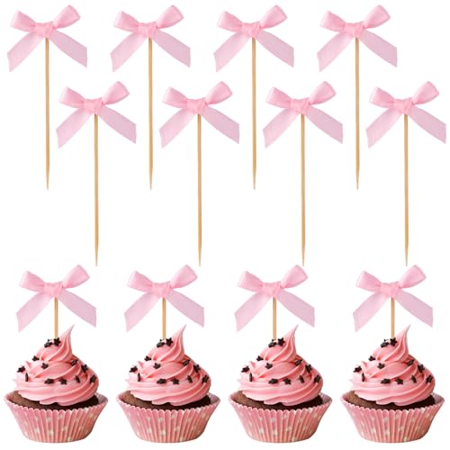 24St Rosa Cupcake Deko Schleife, Kuchen Topper Schleife Cupcake-Picker mit Schleife Geburtstagsdekoration mit Rosa Schleife für Mädchen Babyparty Kokette Mottopartys von Tinoaly