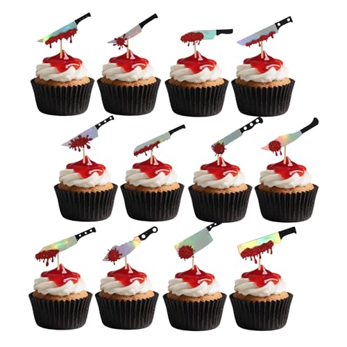 24stk Halloween Kuchen Deko, 12 Stile Glitzer Horror-Blutmesser-Cupcake-Picker Gruselig Messer-Geburtstagskuchen-Einsatz für Halloween-Party-Kuchendekorationen 24stk Halloween Kuchen Deko, 12 Stile Glitzer Horror-Blutmesser-Cupcake-Picker Gruselig Messer-Geburtstagskuchen-Einsatz für Halloween-Party-Kuchendekorationen von Tinoaly
